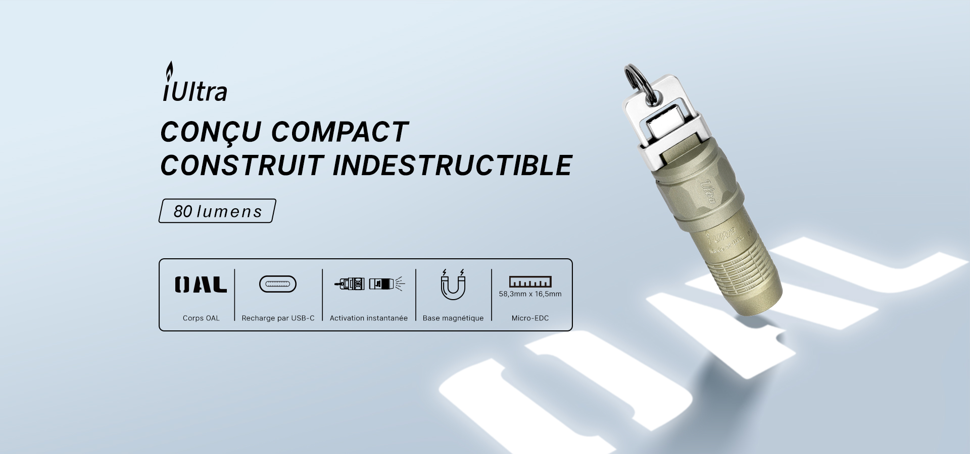 Mini lampe torche porte-cl&eacute;s Olight iUltra 80 lumens compacte en aluminium OAL