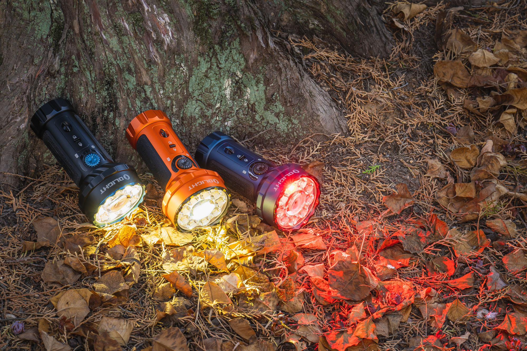 Potentes linternas Olight (negra, naranja, azul) brillan con luz blanca, cálida y roja sobre hojas secas al pie de un árbol.