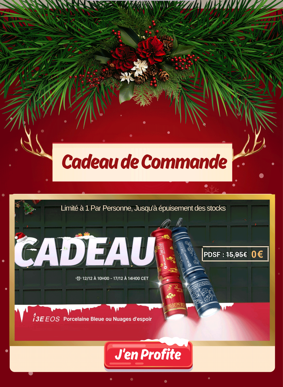 Cadeau de commande festif : Lampe de poche Olight i3E EOS (Porcelaine Bleue ou Nuages d'espoir) gratuite.