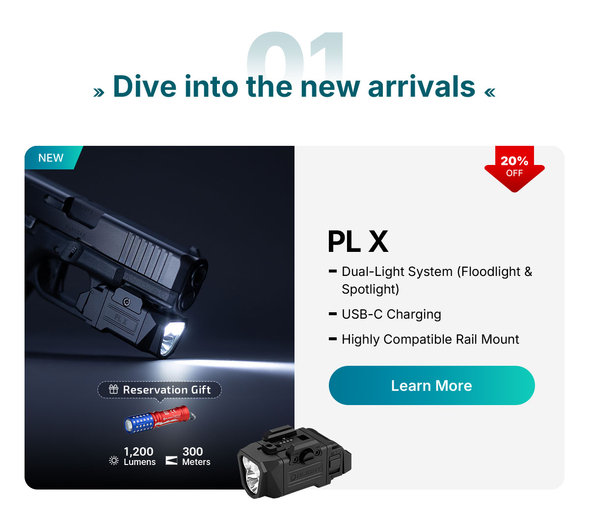 PL X tactical weapon light with 1,200 lumens, 300m throw, and dual-light system