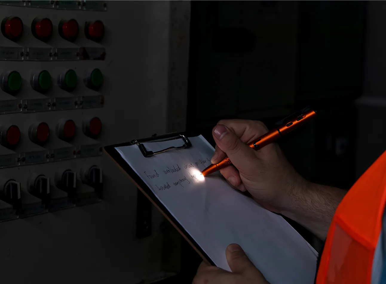 &Eacute;lectricien utilisant un stylo avec lampe LED int&eacute;gr&eacute;e pour prendre des notes sur un presse-papiers devant un panneau &eacute;lectrique industriel dans l'obscurit&eacute;