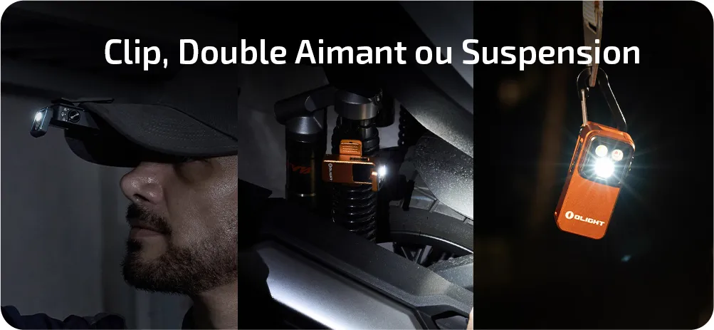 Lampe torche compacte Olight polyvalente fix&eacute;e sur une casquette avec clip, aimant&eacute;e sur une moto et suspendue avec mousqueton pour un &eacute;clairage mains libres