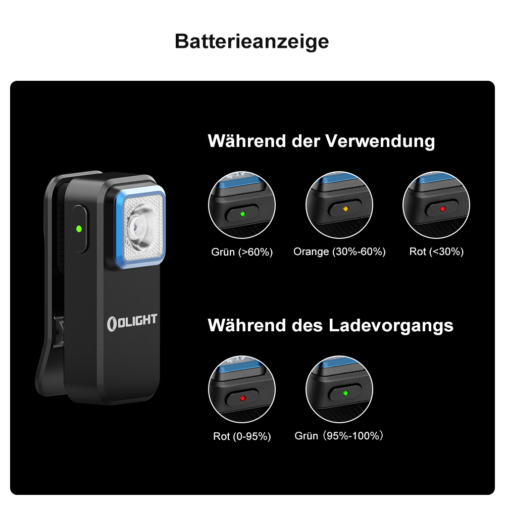 Olight kompakte Clip-Taschenlampe mit Batterieanzeige: LED-Indikator zeigt Akkustand w&auml;hrend der Nutzung (Gr&uuml;n, Orange, Rot) und den Ladefortschritt &uuml;bersichtlich an.