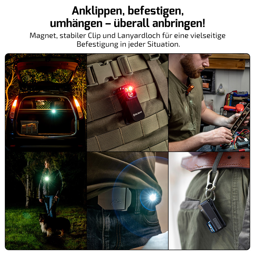 Vielseitige Olight Mini-LED-Taschenlampe mit Magnet und Clip. Ideal f&uuml;r Rucksack, G&uuml;rtel, Autoreparaturen oder beim Gassi gehen. Kompakte Clip-Leuchte f&uuml;r flexible Befestigung in jeder Situation.