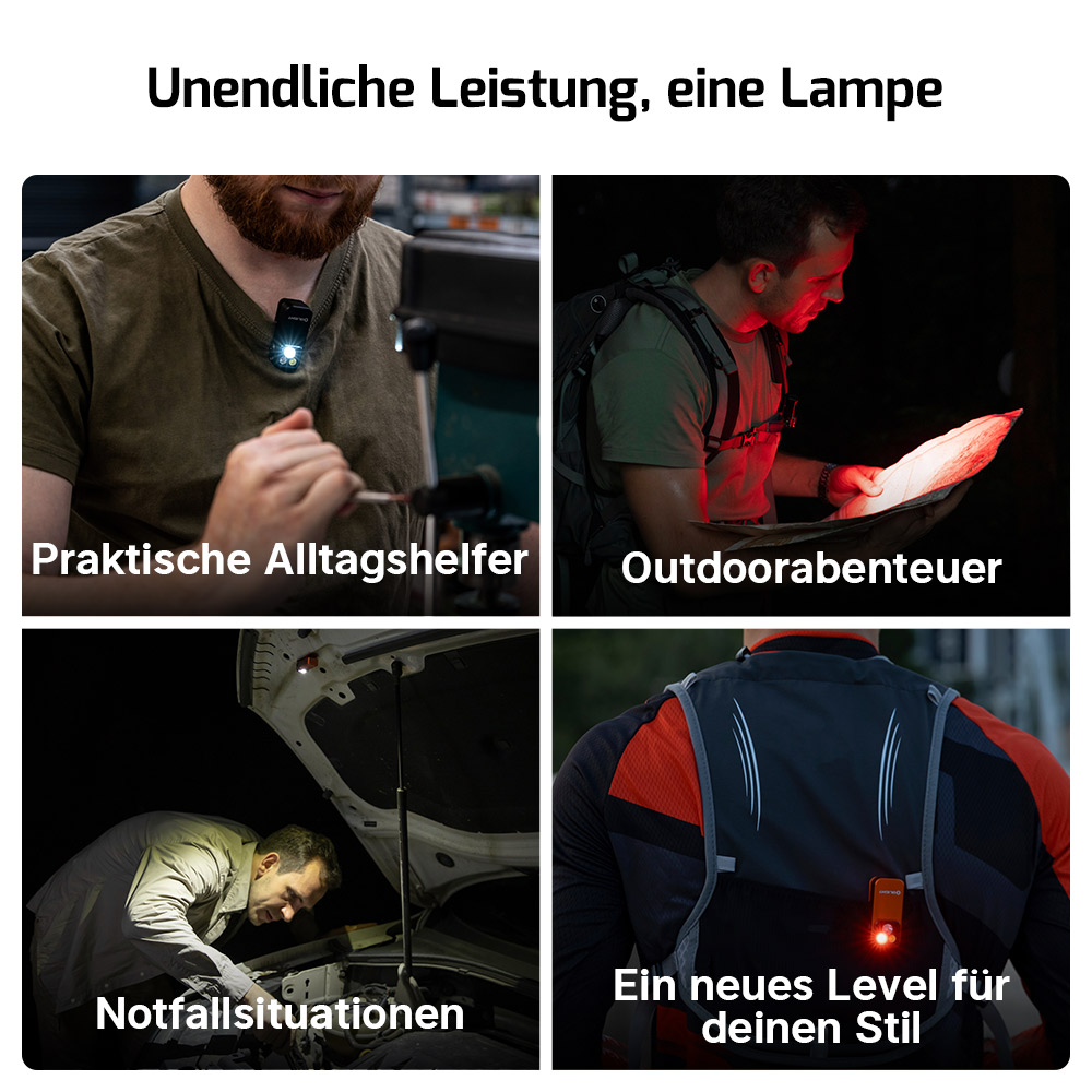Vielseitige LED-Clip-Leuchte f&uuml;r Alltag, Outdoor-Abenteuer, Notf&auml;lle und Sport. Kompakte Lampe mit Wei&szlig;- und Rotlicht f&uuml;r maximale Sichtbarkeit beim Wandern, Laufen oder bei Autoreparaturen. Ein praktischer Alltagshelfer f&uuml;r jede Situation.