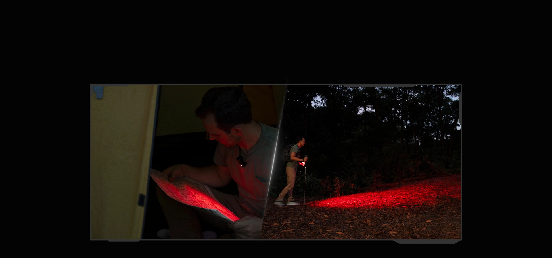 Mann liest Karte im Zelt und wandert nachts im Wald mit Rotlicht. Optimale Beleuchtung für Camping, Trekking und Outdoor-Navigation in der Dunkelheit.