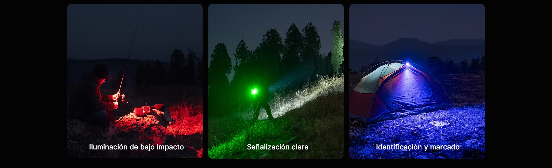 Diferentes modos de luz LED para actividades de aventura y camping nocturno