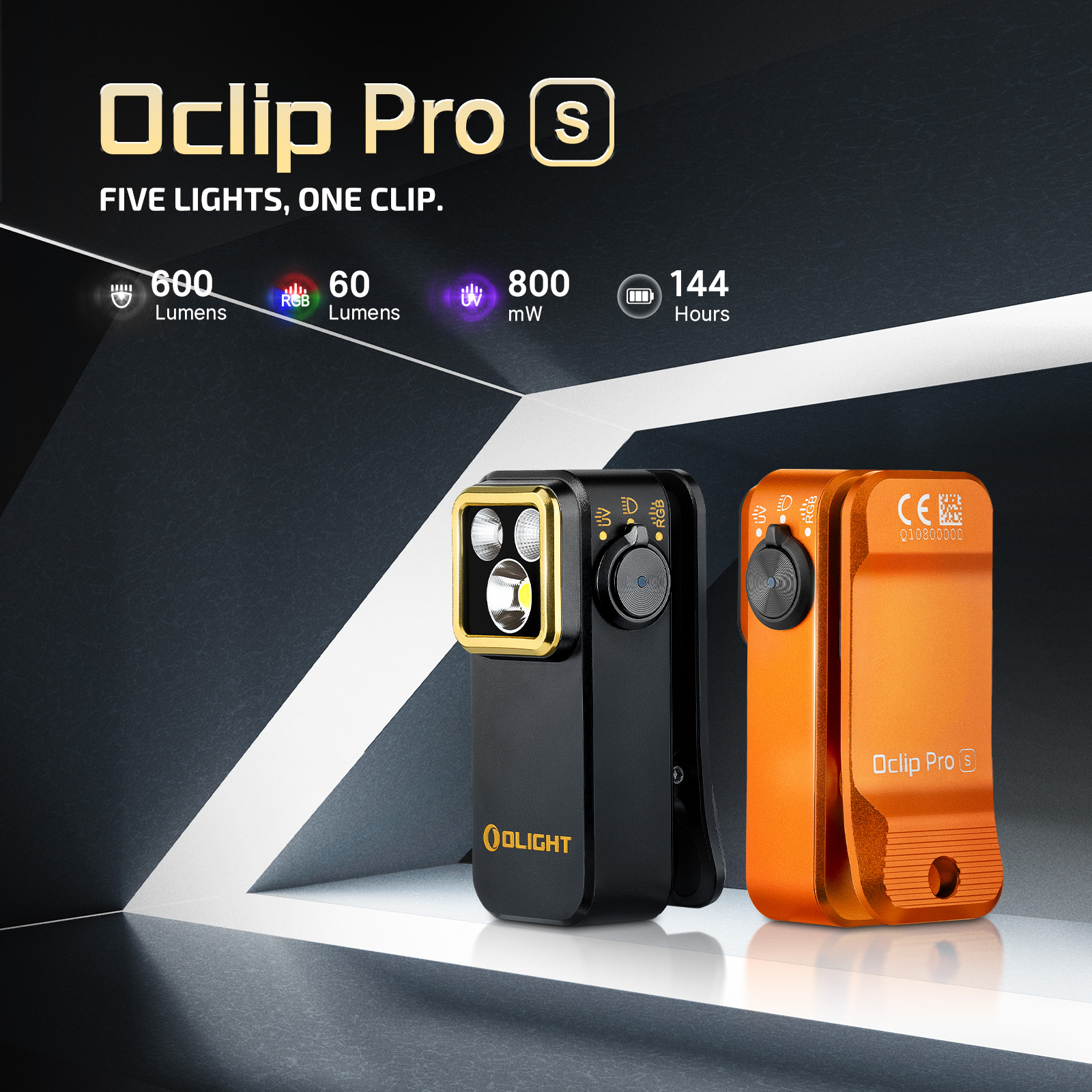 Olight Oclip Pro S compact clip-on flashlight featuring 600 lumens, RGB and UV light modes, and 144-hour runtime.