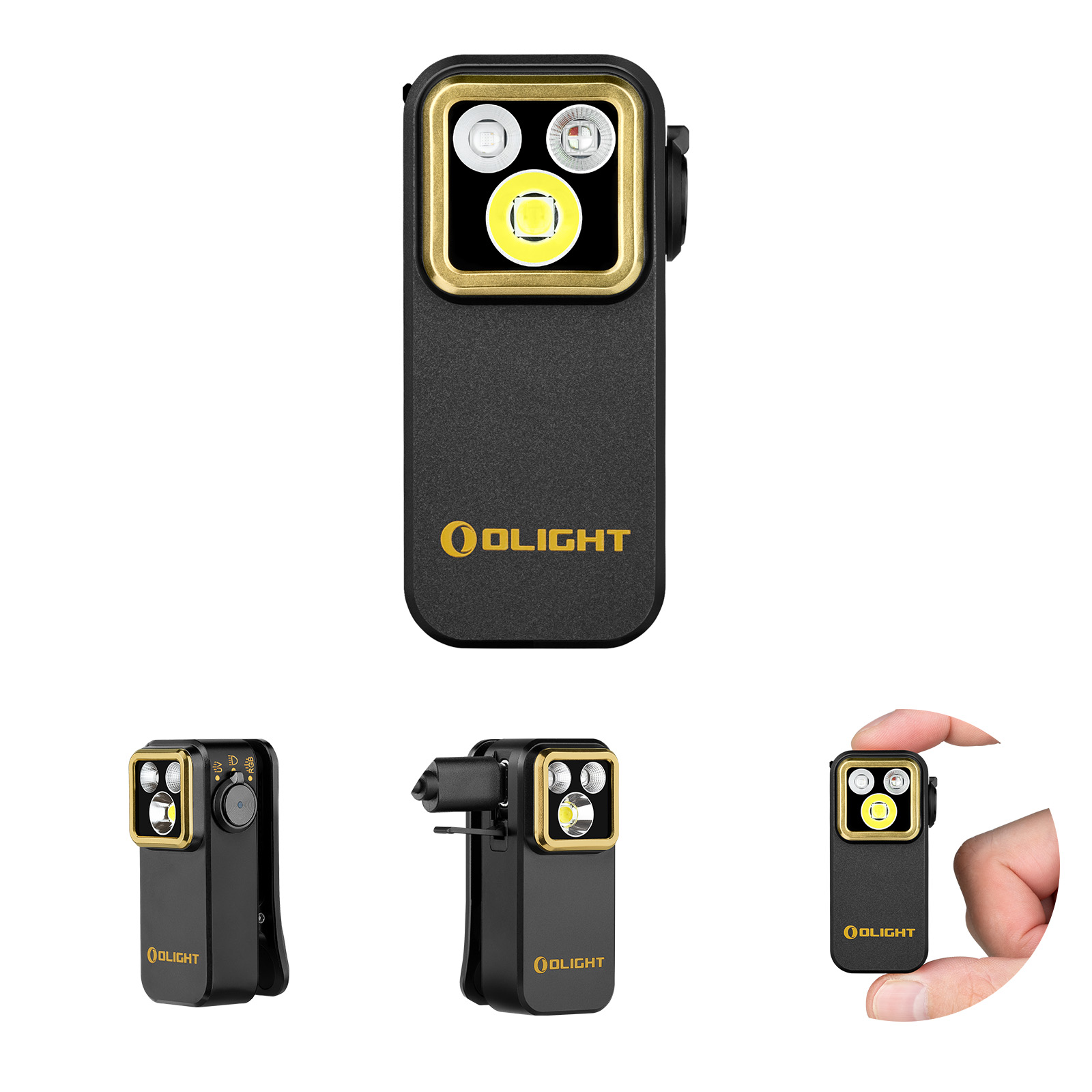 Olight Oclip compact rechargeable clip-on flashlight with white, UV, and RGB light modes, featuring a gold bezel and portable design.