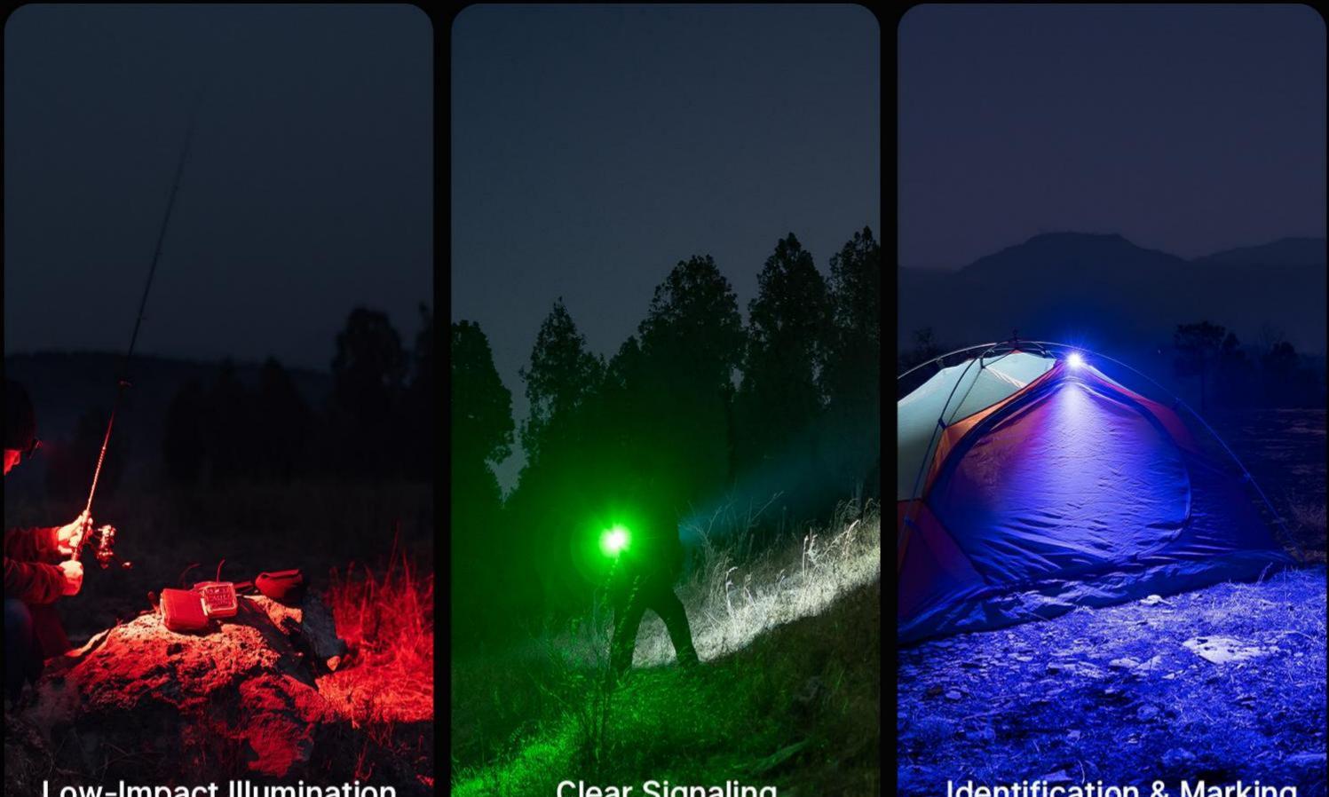 Vielseitige Outdoor-Taschenlampe mit rotem Licht zum Angeln, gr&uuml;nem Signal-Licht f&uuml;r Wanderungen und blauem Zeltlicht f&uuml;r Camping bei Nacht.