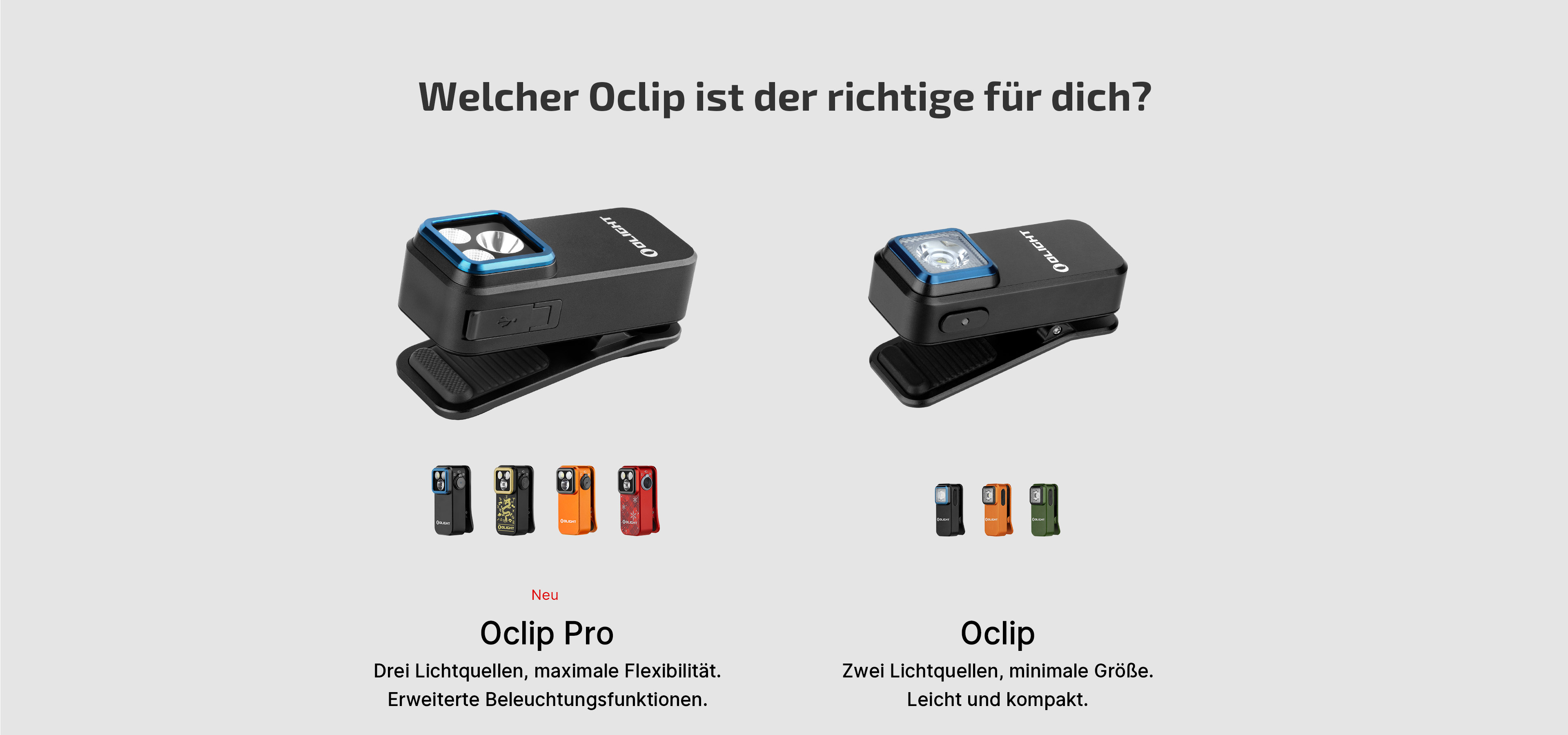 Vergleich zwischen Olight Oclip Pro und Oclip: Die neue Oclip Pro mit drei Lichtquellen f&uuml;r maximale Flexibilit&auml;t und der kompakte Oclip mit zwei Lichtquellen. Vielseitige EDC Clip-Leuchten in verschiedenen Farben f&uuml;r mobiles Licht.