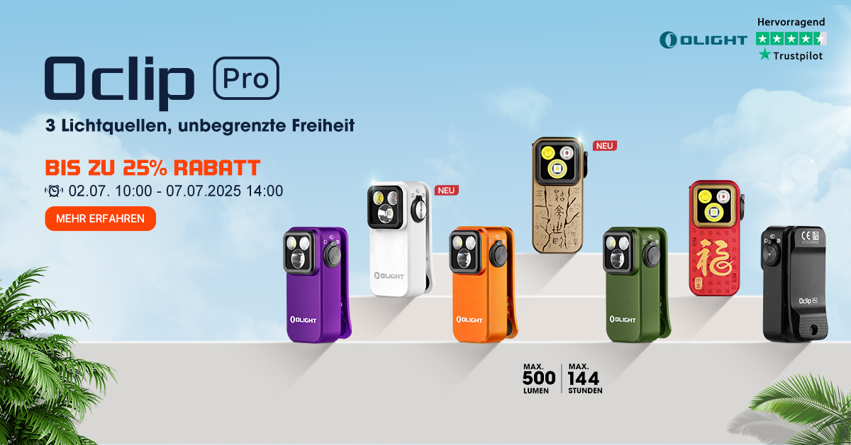 Eine Olight Oclip Pro Anstecklampe in der Farbe Cherry Red, die ihre verschiedenen Lichtfunktionen demonstriert.