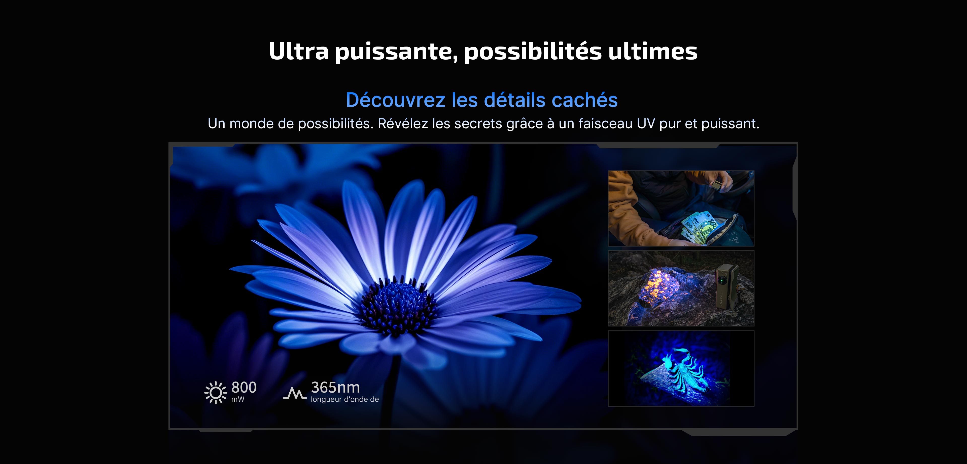 Contraste de fluorescence sous UV 365 nm sur min&eacute;raux et mati&egrave;re organique