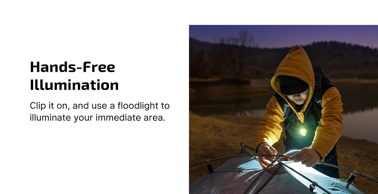 Hands-free clip-on floodlight on a camper setting up a tent