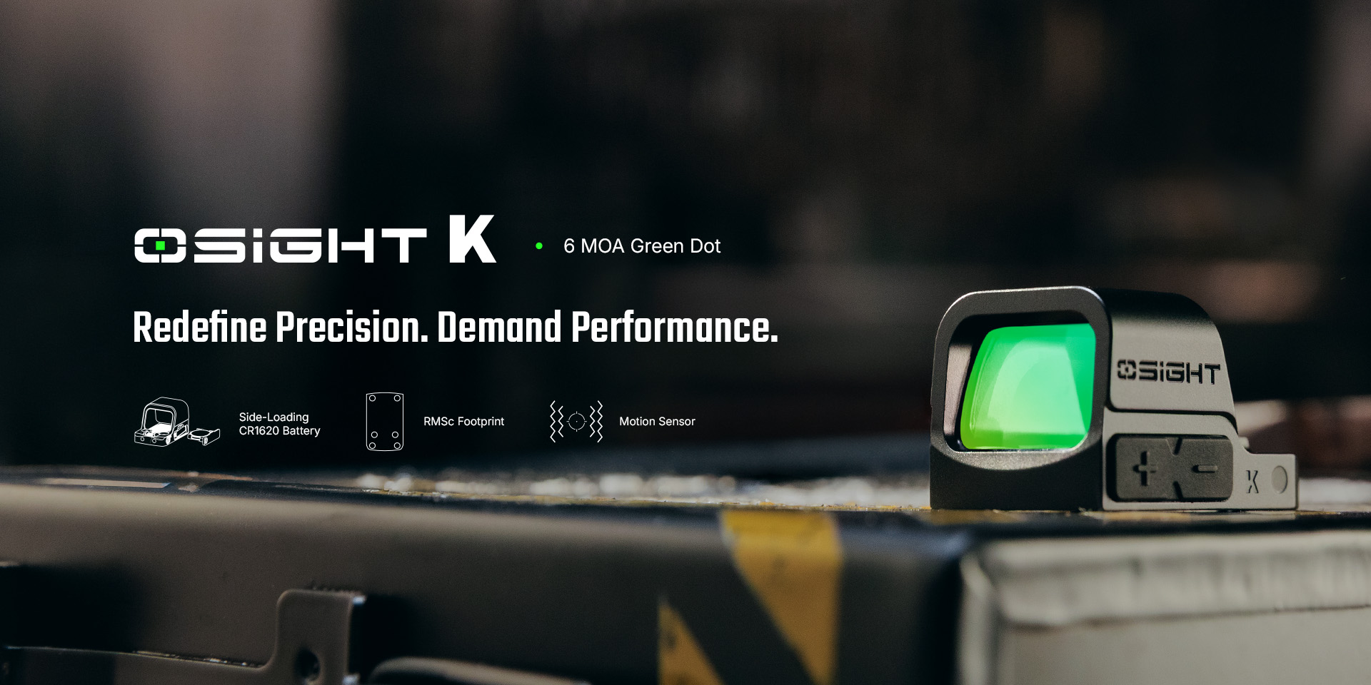 Olight Osight K GN optic with charging cover showcased on a tactical setup background.