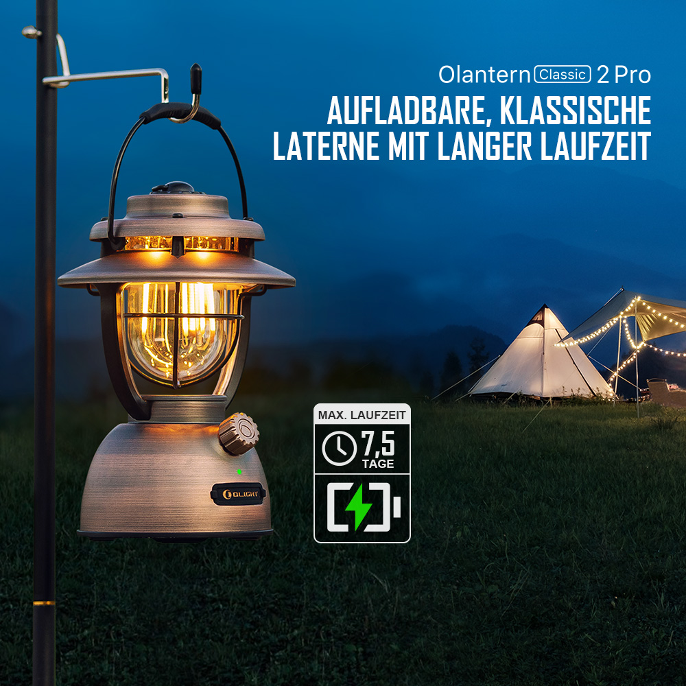 Olantern Classic 2 Pro aufladbare klassische Laterne mit langer Laufzeit (7,5 Tage) für Camping und Outdoor im Zeltlager.