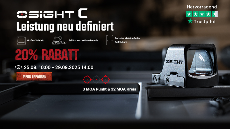 OSIGHT C Reflexvisier: 20% Rabatt auf das hochleistungsfähige Rotpunktvisier mit großem Sichtfeld, seitlicher Batterie, robustem Design und 3 MOA Punkt & 32 MOA Kreis Absehen. Aktion bis 29.09.2025.