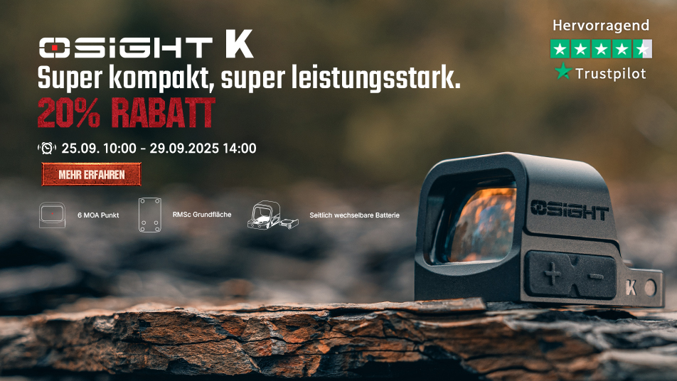 OSIGHT K Rotpunktvisier: Super kompakt, leistungsstark mit 20% Rabatt. Verfügt über 6 MOA Punkt, RMSc Grundfläche und seitlich wechselbare Batterie. Hervorragend bewertet auf Trustpilot.