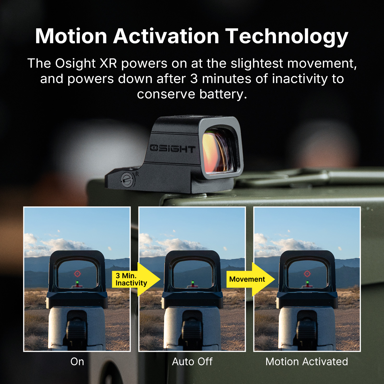 Osight XR red dot sight featuring motion activation technology.