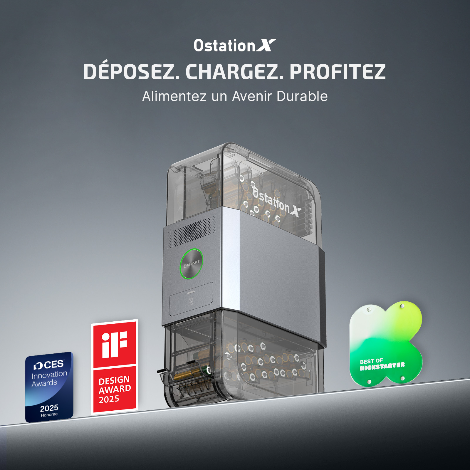 OstationX, station de charge et stockage de piles primée. Lauréat des CES Innovation, iF Design 2025 & Best of Kickstarter. Pour un avenir durable.