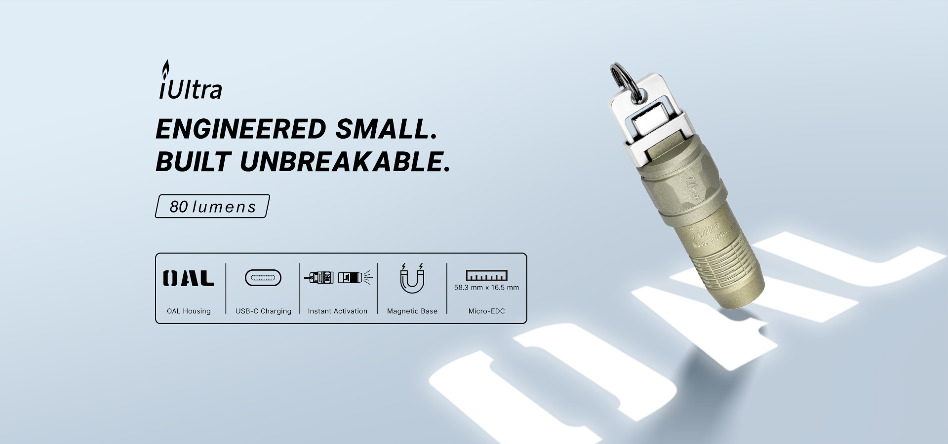 A hero shot of the Olight iUltra keychain flashlight, highlighting its compact and durable design.