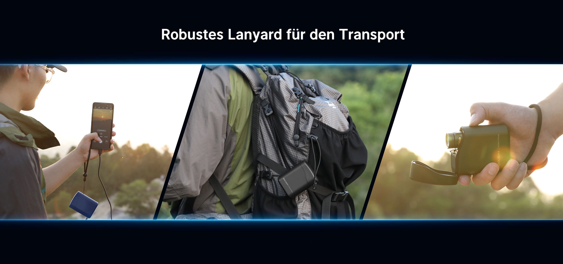 Robustes Lanyard f&uuml;r den sicheren Transport: Vielseitige Befestigungsm&ouml;glichkeiten f&uuml;r Olight Zubeh&ouml;r am Rucksack, als Handschlaufe oder am Smartphone w&auml;hrend Outdoor-Aktivit&auml;ten wie Wandern.