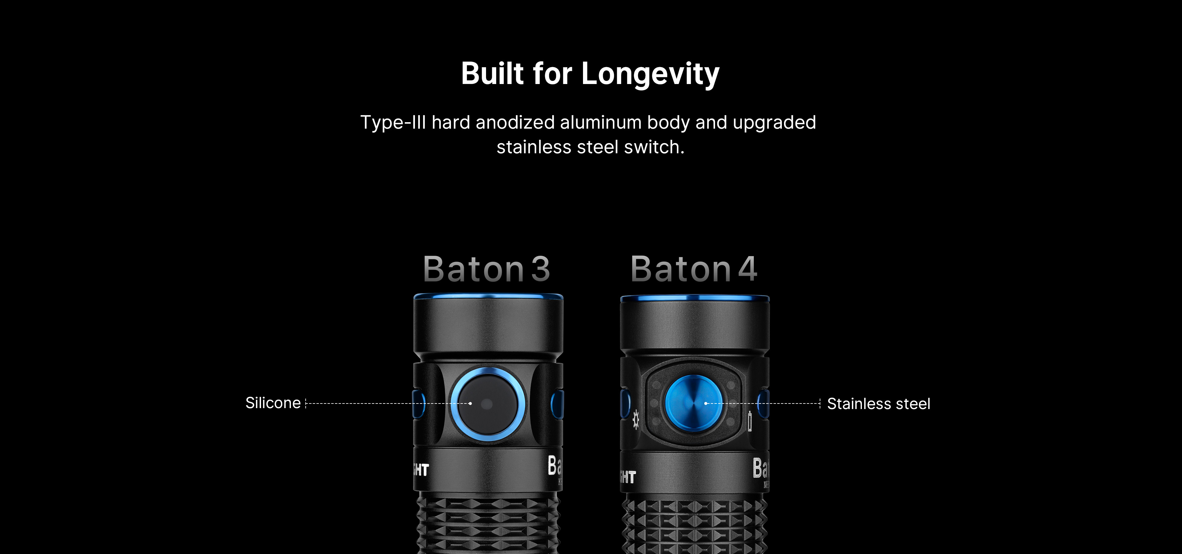 Olight Baton 3 und Baton 4 Taschenlampen im Vergleich: Langlebiges Design mit harteloxiertem Aluminiumgehäuse. Baton 4 hat einen Edelstahl-Schalter, Baton 3 einen Silikon-Schalter.