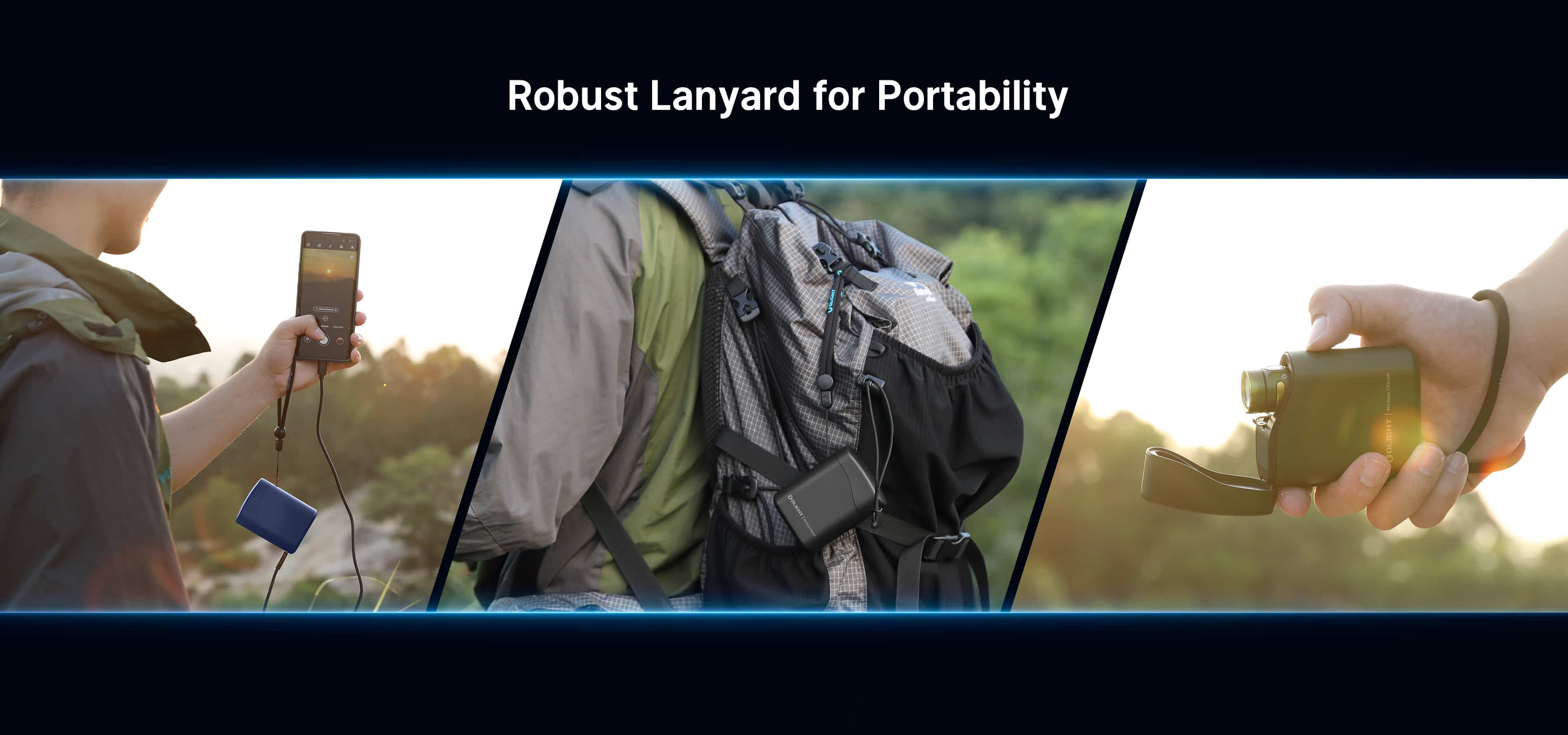 Robuste Trageschlaufe für mobile Geräte: Powerbank am Rucksack, Handy laden beim Wandern, sicherer Outdoor-Ladegerät-Transport.