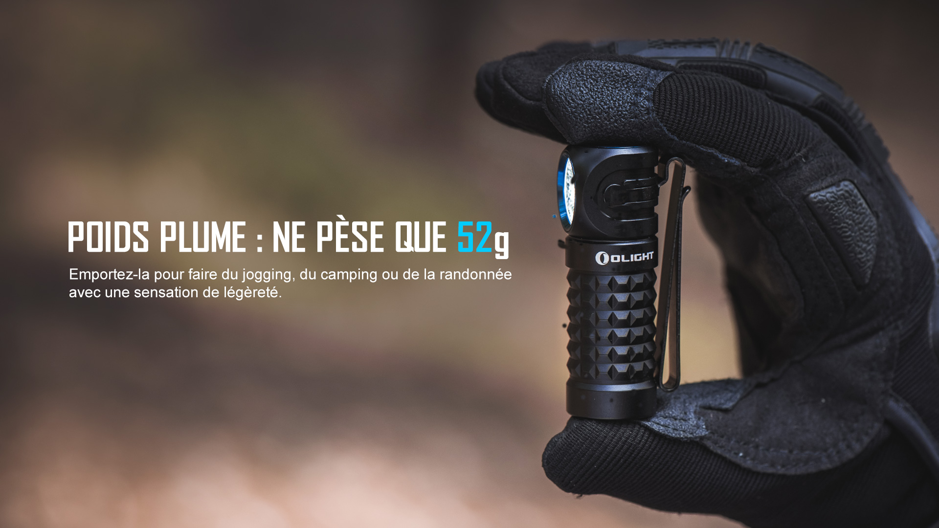 Lampe torche LED compacte Olight poids plume de 52g tenue en main gant&eacute;e, id&eacute;ale pour la randonn&eacute;e, le camping et le jogging