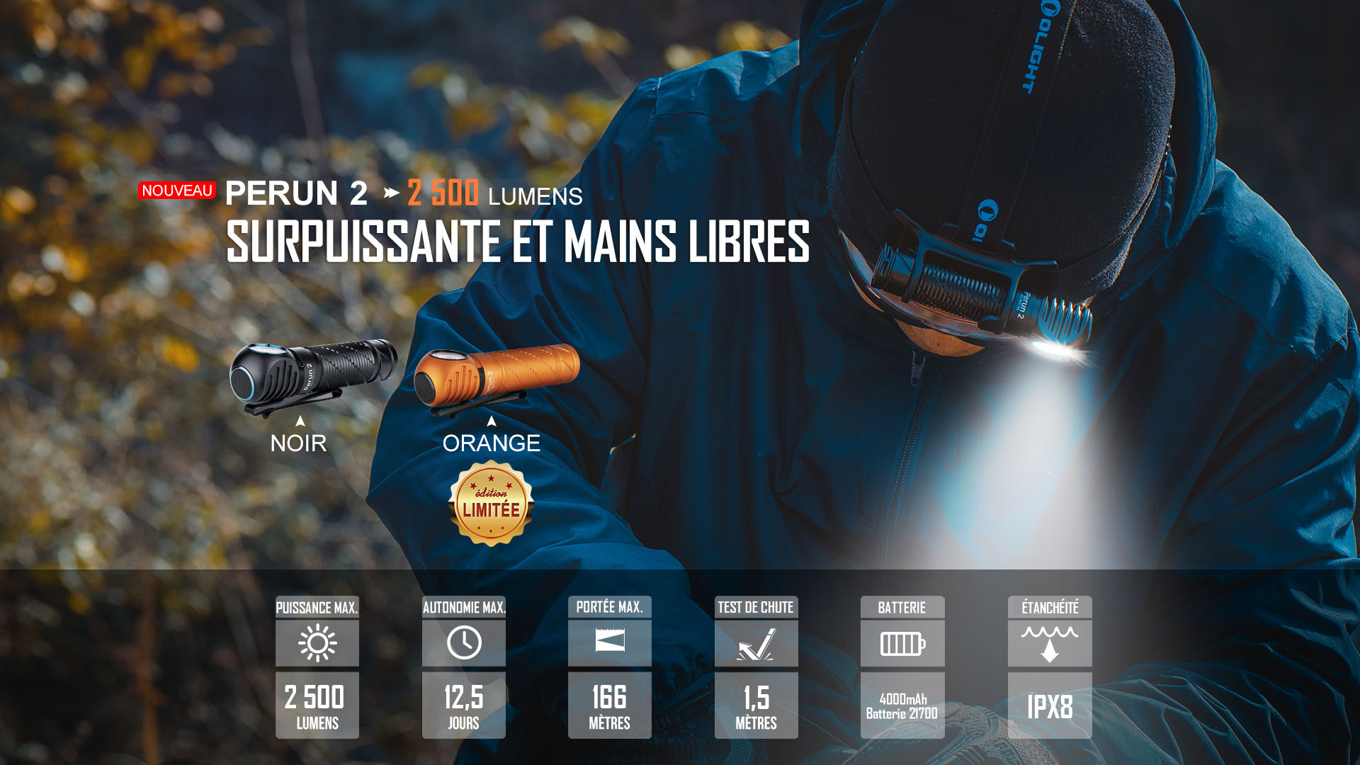 Lampe frontale Olight Perun 2 puissante de 2500 lumens &eacute;tanche IPX8