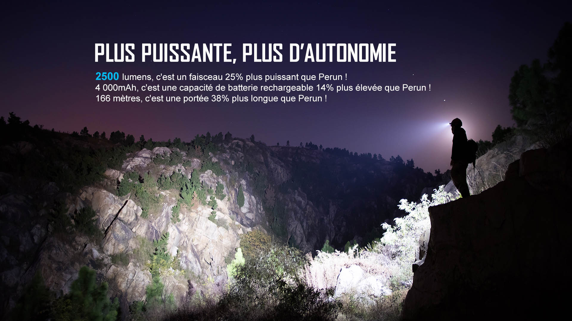 Lampe frontale puissante de 2500 lumens &eacute;clairant une paroi rocheuse de nuit