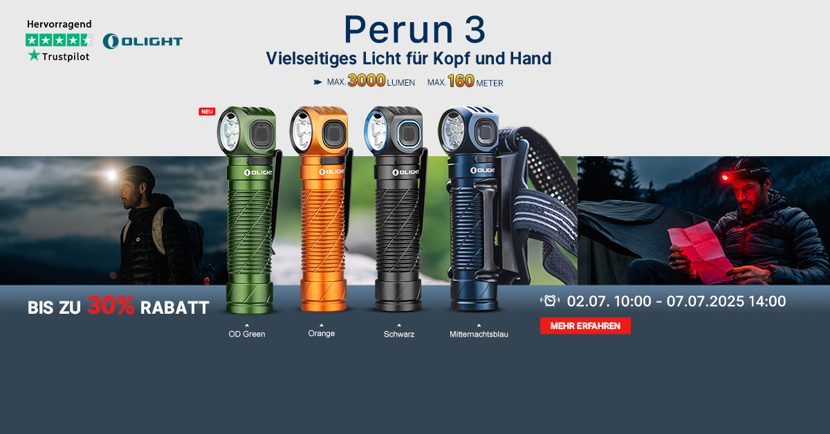 Eine Collage zeigt die Olight Perun 3 Stirn- und Handlampe in verschiedenen Farben wie OD Green, Orange, Schwarz und Mitternachtsblau, die ihre Vielseitigkeit bei Outdoor-Aktivitäten unterstreicht.