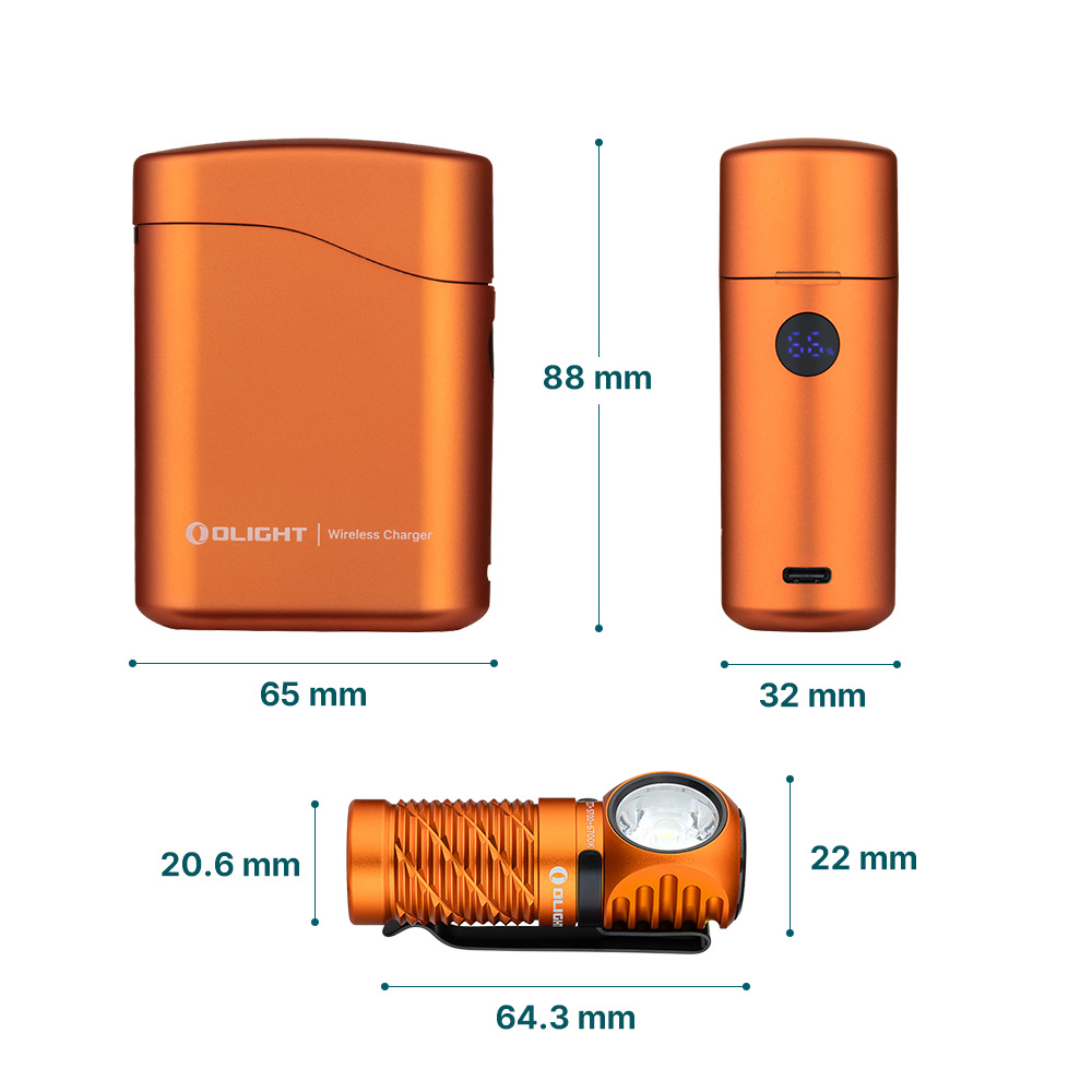 Olight kabelloses Ladegerät und orange Stirnlampe mit Abmessungen. Ladegerät 88x65mm, Ladeeinheit 88x32mm, Stirnlampe 64.3x22mm. Ideal für Outdoor-Aktivitäten.