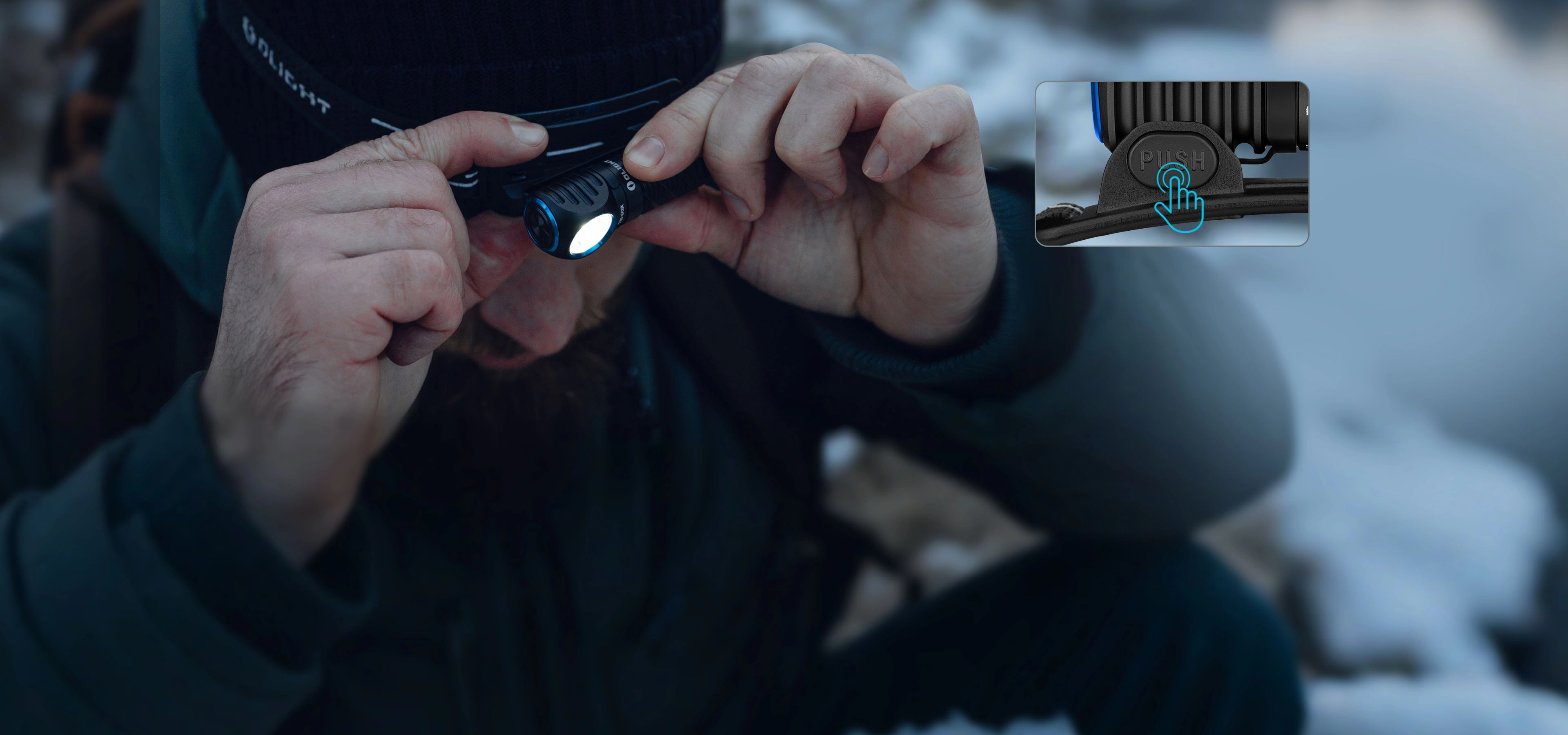 A man adjusts his glowing Olight headlamp in the snow, with an inset showing the push-button release.