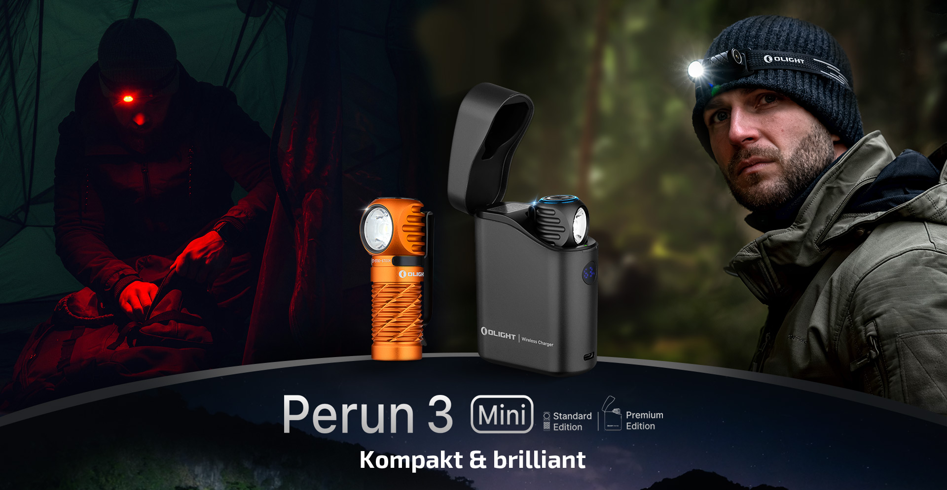 Olight Perun 3 Mini LED Stirnlampe und Akku-Taschenlampe in Orange und Schwarz mit Ladecase