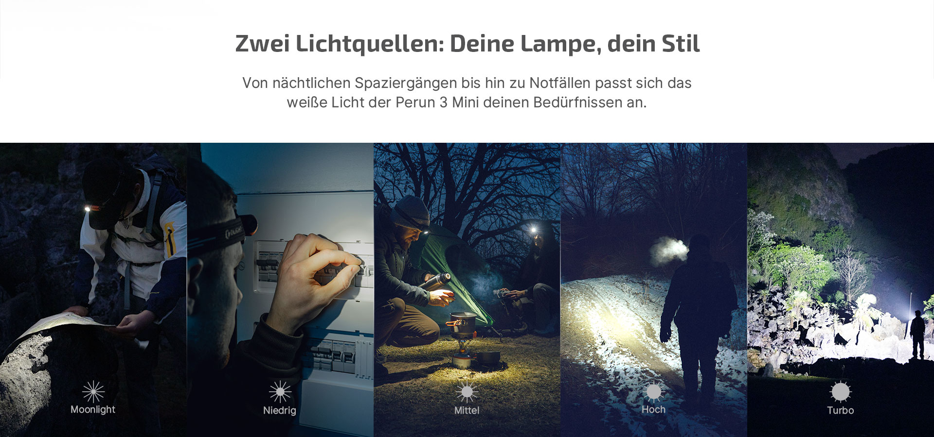 Vielseitige Olight Perun 3 Mini Stirnlampe mit Moonlight, Niedrig, Mittel, Hoch und Turbo Leuchtmodi für Outdoor-Abenteuer, Camping und Notfälle bei Nacht.