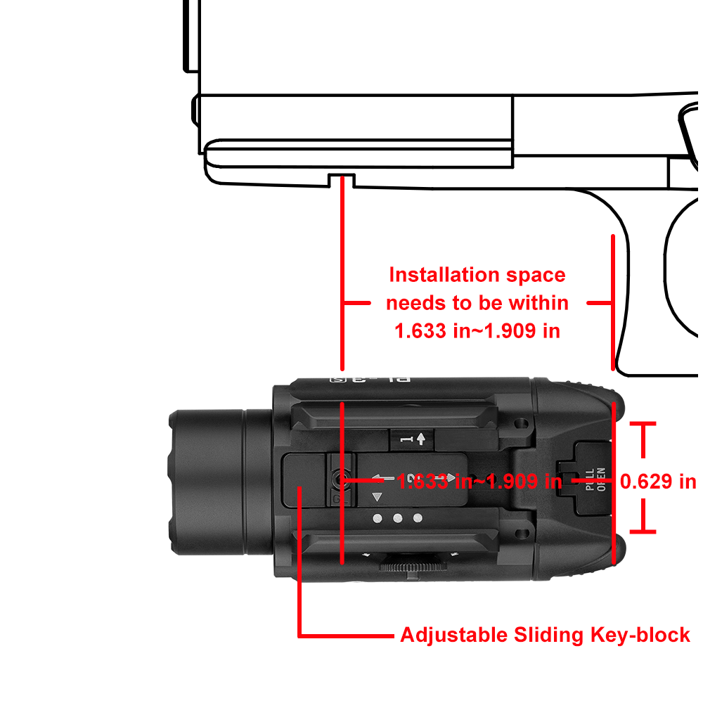 Tactical weapon light with adjustable sliding key-block. Shows installation dimensions: 1.633-1.909 inches length, 0.629 inches width. Ideal for pistol mounting.
