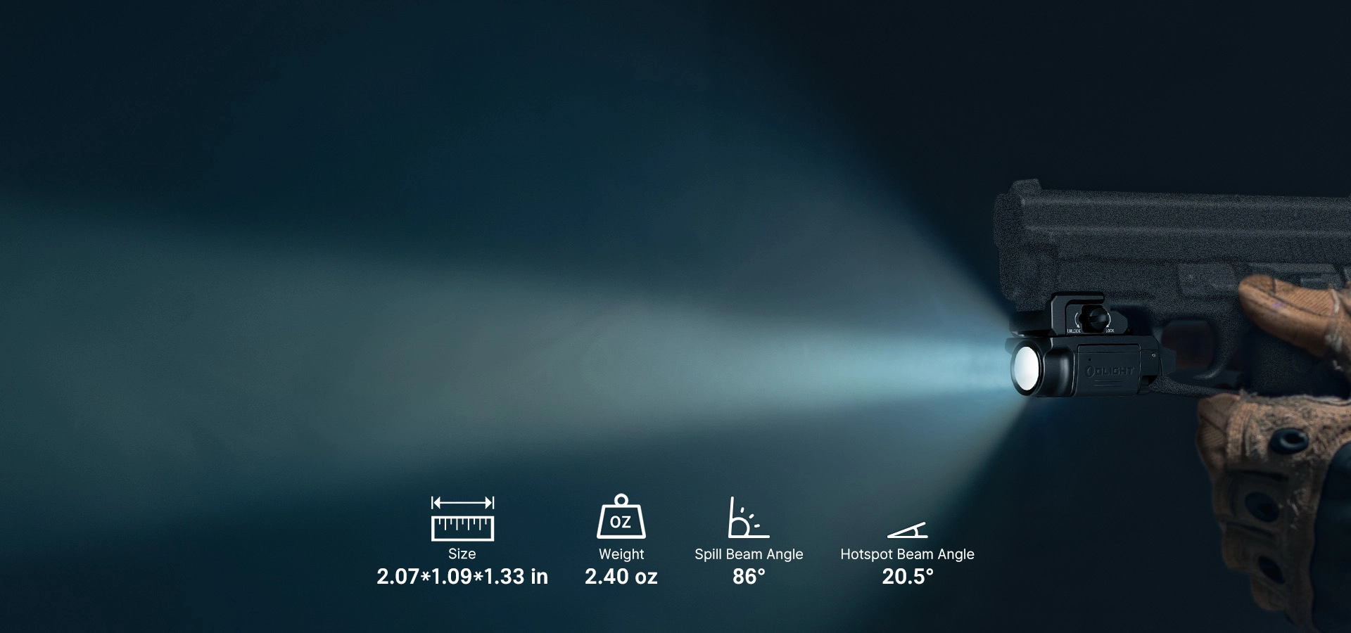 Compact tactical weapon light mounted on a handgun showing specifications: 2.40 oz weight, 86&deg; spill beam angle, and 20.5&deg; hotspot angle. Professional Olight pistol light for low-light tactical use and home defense.