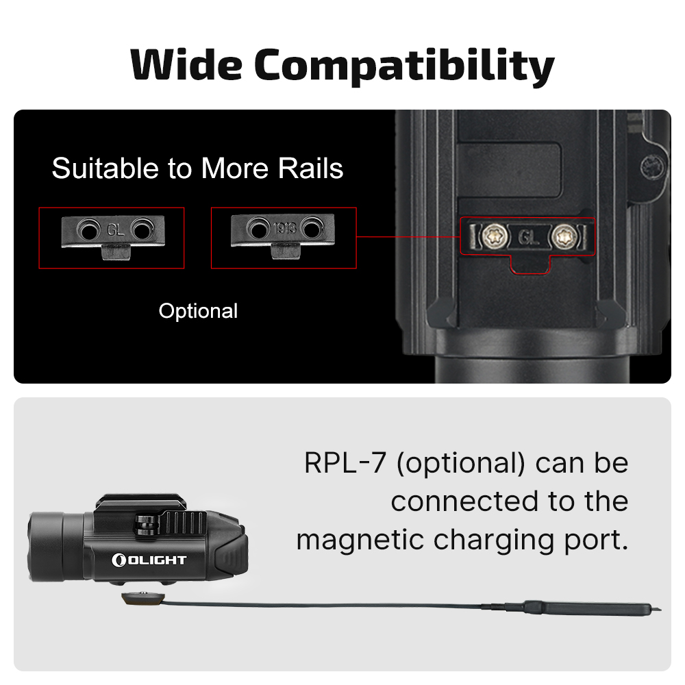 Olight weapon light showing wide rail compatibility with GL and 1913 adapters, and magnetic charging port for optional RPL-7 remote pressure switch.