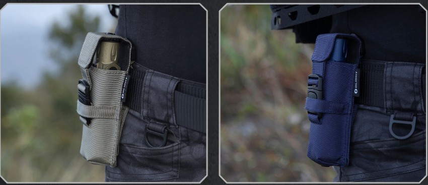 Olight tactical flashlight holster in desert tan and dark blue worn on a belt for outdoor EDC gear setup