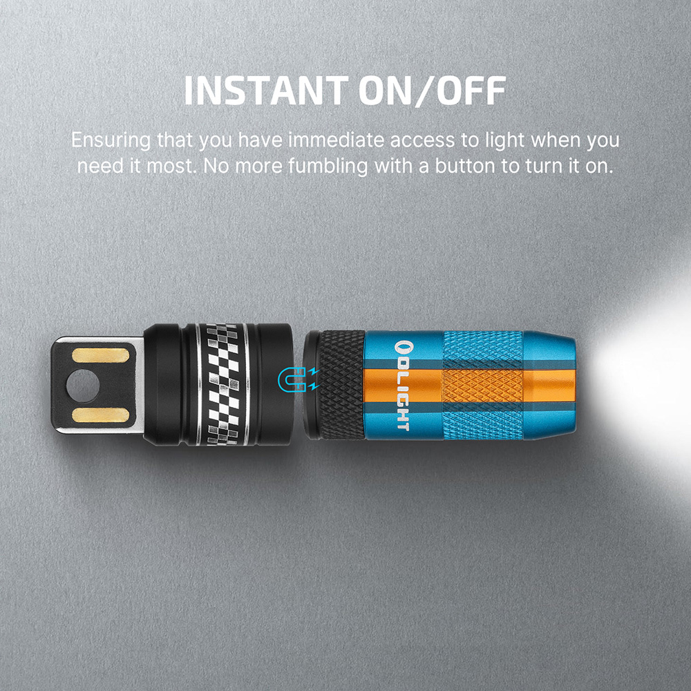 Olight magnetic quick release keychain flashlight with instant on/off feature