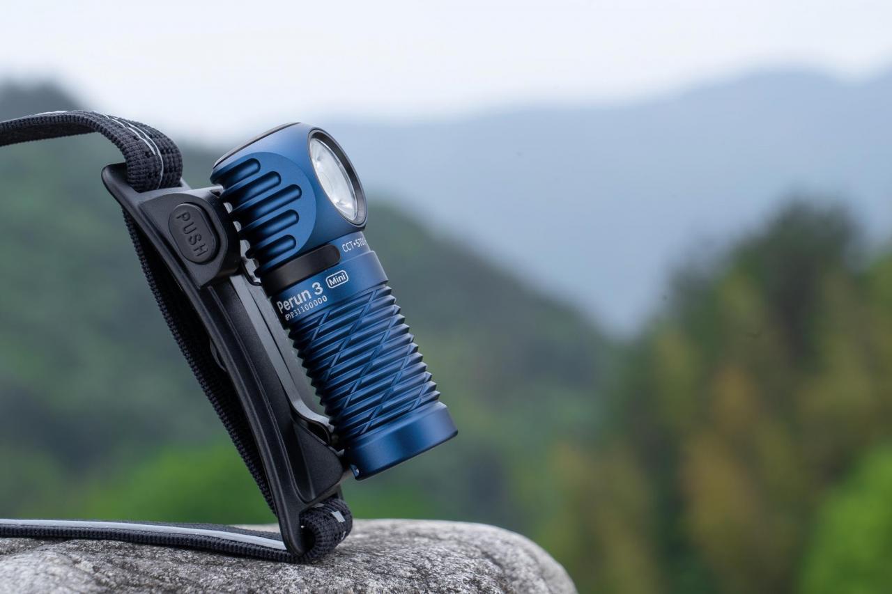 Blue Perun 3 Mini compact rechargeable headlamp and right-angle flashlight for hiking