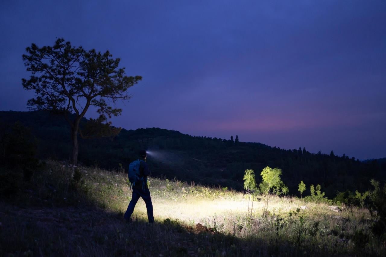 Randonneur avec lampe frontale &eacute;clairant un sentier en pleine nature lors d'une randonn&eacute;e nocturne au cr&eacute;puscule.