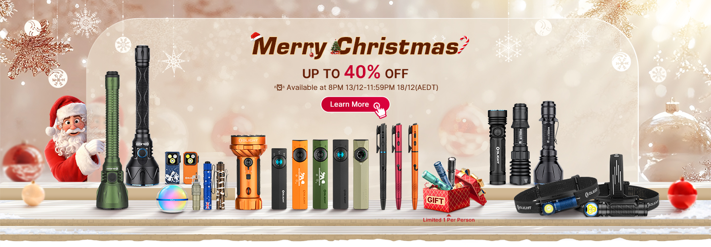 Olight Merry Christmas sale banner with Santa Claus, offering up to 40% off on a wide range of Olight flashlights and tactical gear, perfect for holiday gifts.