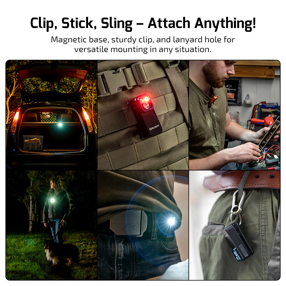 Olight Oclip Pro compact clip-on EDC flashlight emitting spotlight and red light modes.