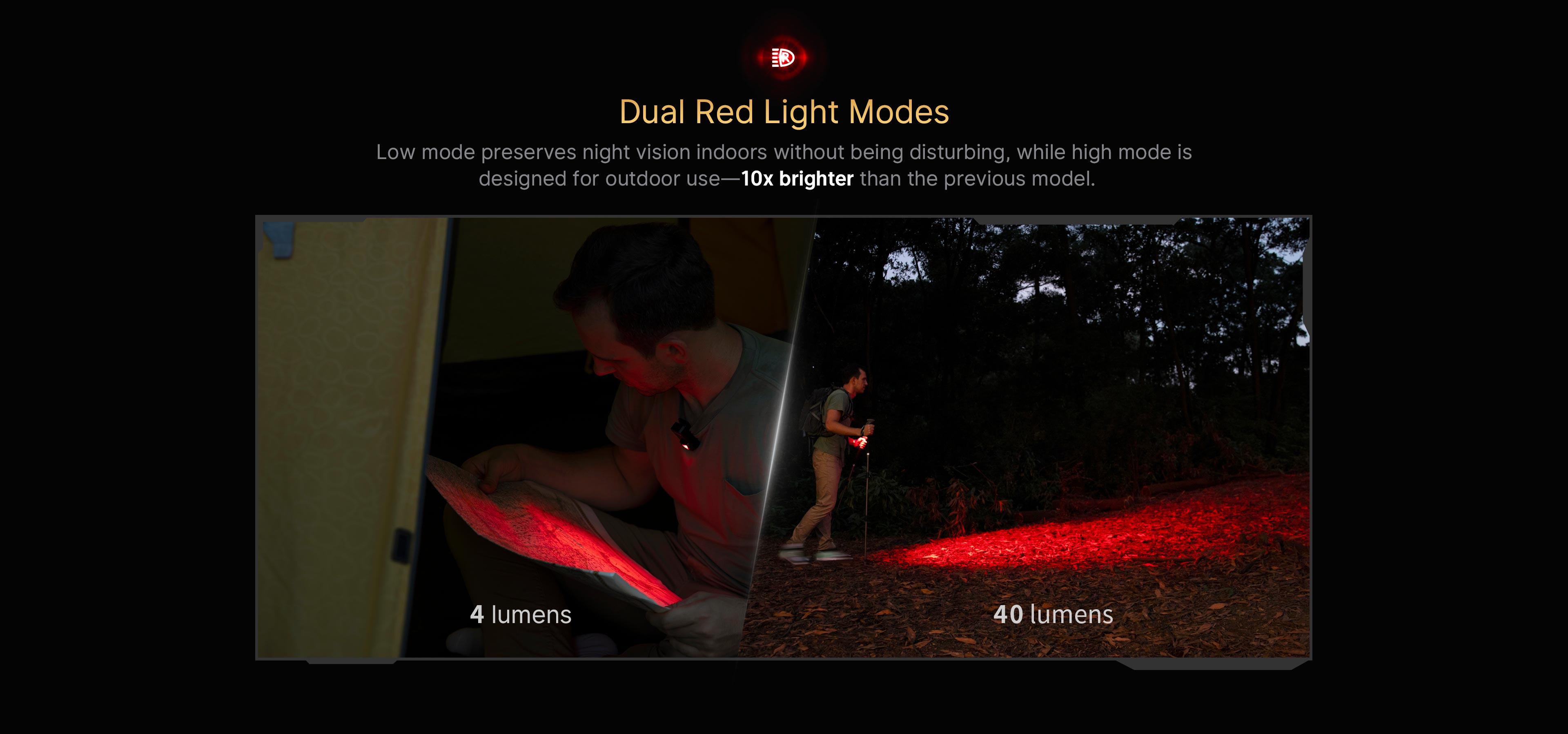 Dual red light modes demonstrated: discreet indoor map reading and bright outdoor path illumination.