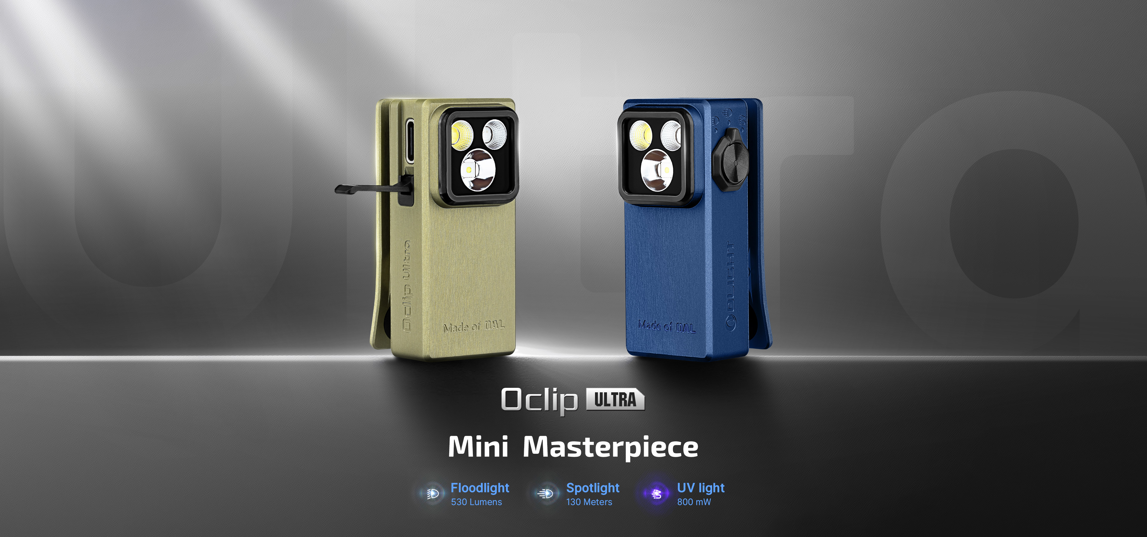 Oclip Ultra portable clip lights in gold and blue, featuring floodlight, spotlight, and UV light functions.