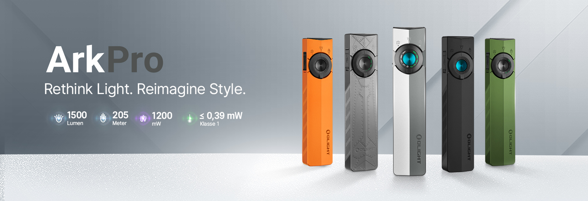 Übersicht der Olight ArkPro Taschenlampen-Serie mit ihren Funktionen