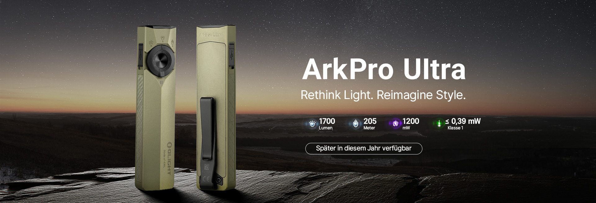 Olight ArkPro Ultra Taschenlampe in Grün auf einem Felsen