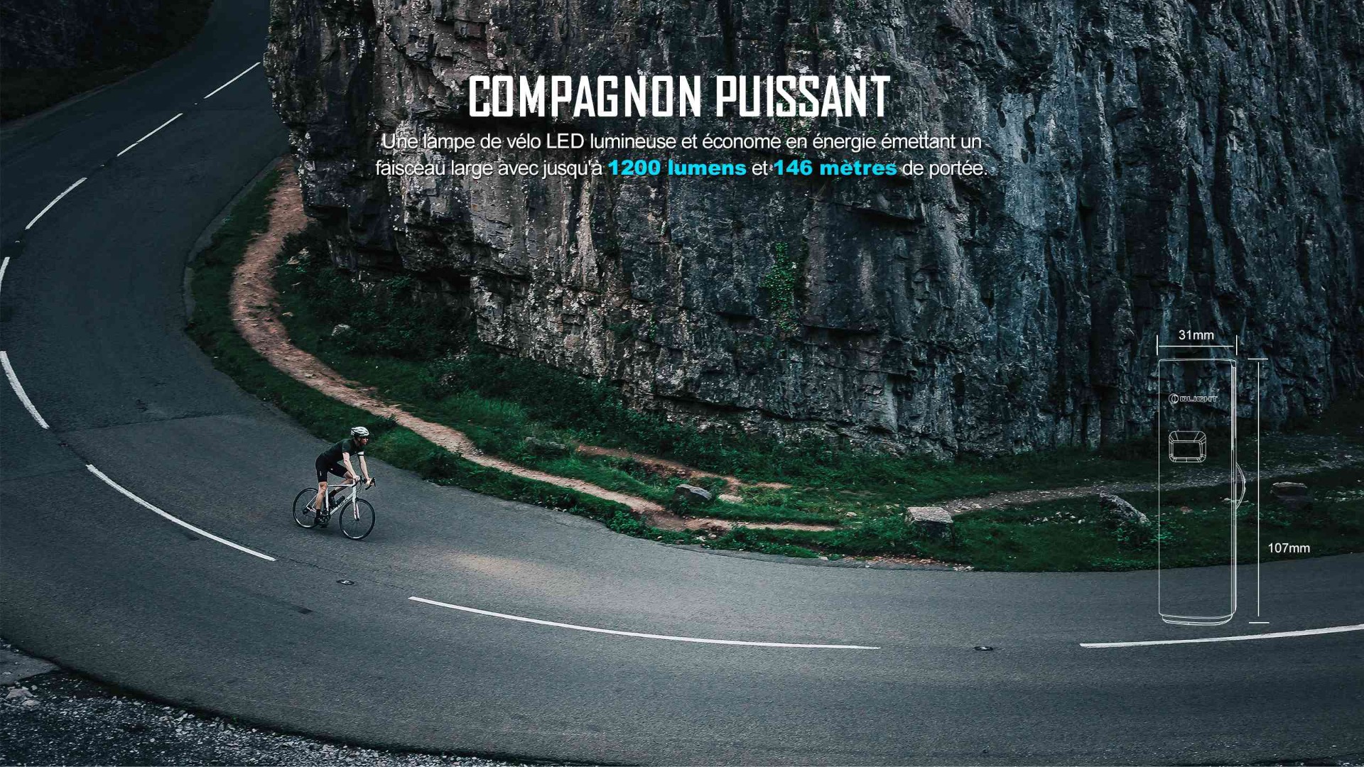 Lampe de v&eacute;lo LED Olight puissante de 1200 lumens avec faisceau large de 146 m&egrave;tres, id&eacute;ale pour le cyclisme de route en montagne